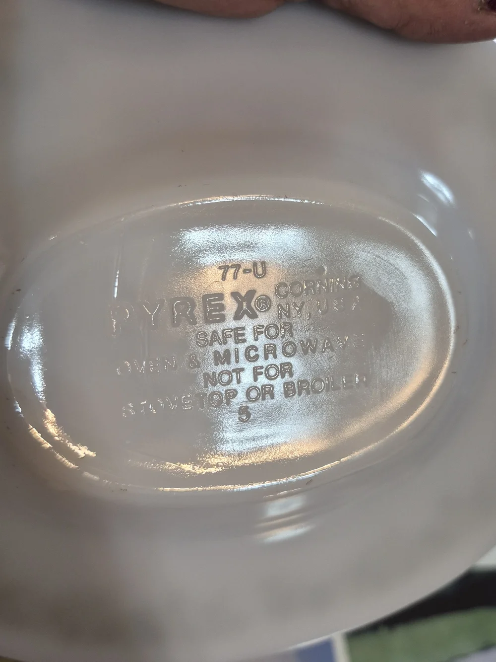 Pyrex White Milk Glass Gravy Boat with Olive Green Floral Pattern